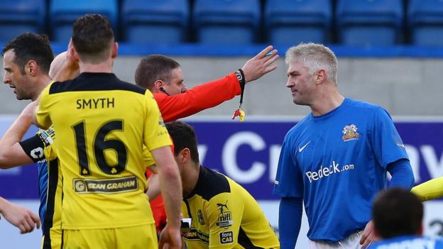Glenavon defender William Murphy was sent off by referee Raymond Crangle during the first half against Cliftonville