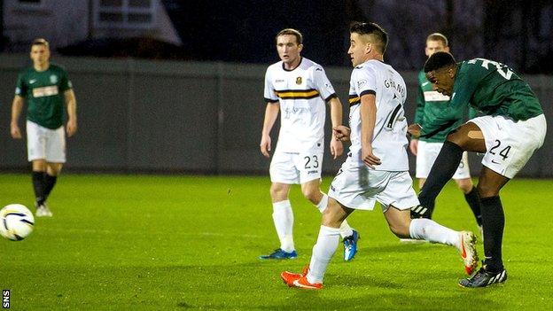 Dominique Malonga scores for Hibernian against Dumbarton