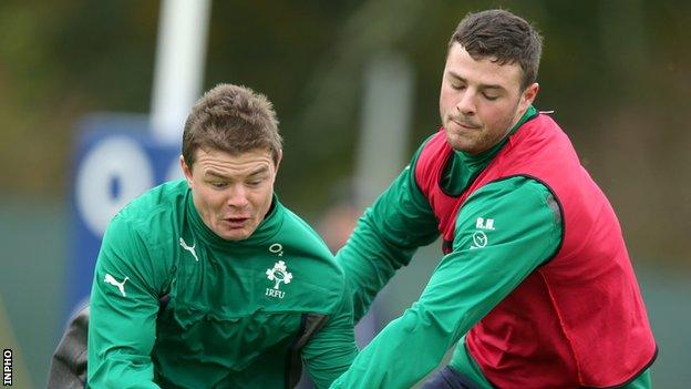 Robbie Henshaw with Brian O'Driscoll at an Ireland training session last year