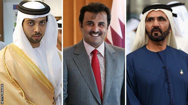 Sheikh Mansour, Sheikh Tamim bin Hamad Al Thani and Sheikh Mohammed bin Rashid Al Maktoum