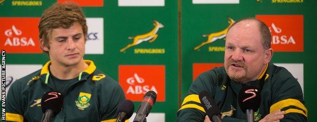 South Africa outside-half Pat Lambie (L) and defence coach John McFarland (R)