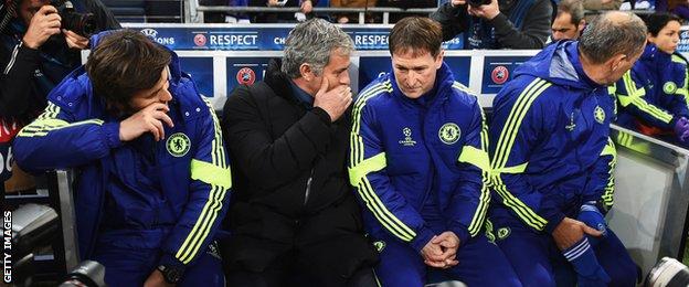 Jose Mourinho with his staff on the bench at Schalke