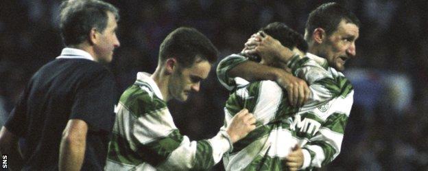 Andy Walker and Tony Mowbray console Celtic team-mate Paul McStay