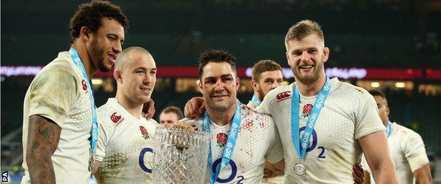 England's Courtney Lawes, Mike Brown, Brad Barritt and George Kruis celebrate retaining the Cook Cup