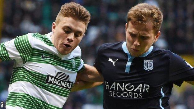Celtic's James Forrest and Dundee's Greg Stewart