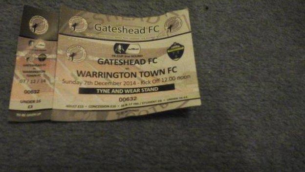 Warrington fan Laurence Taylor's match ticket for Gateshead