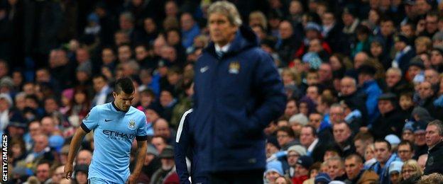 Manchester City striker Sergio Aguero suffered a knee ligament injury against Everton