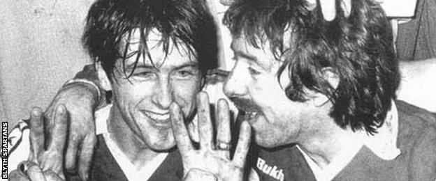 Dave Varty and Terry Johnson celebrate Blyth's win against Stoke in 1977-78.