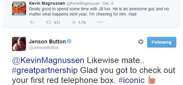 Twitter exchange between Kevin Magnussen and Jenson Button