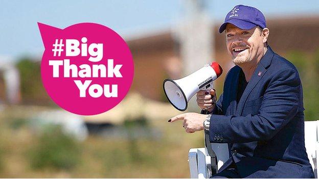 graphic with Eddie Izzard and a mega phone with #Big Thank You in a pink voice bubble