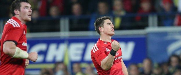 Munster fly-half Ian Keatley celebrates after his late penalty secures a losing bonus point