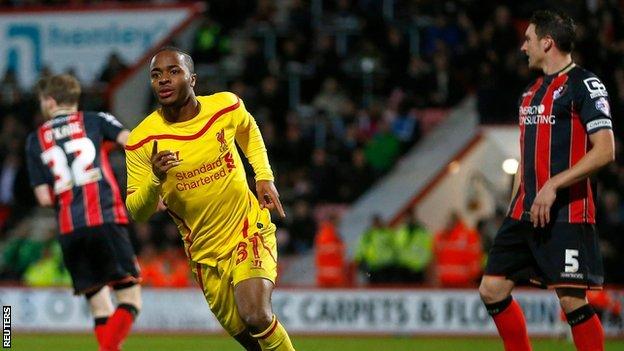 Raheem Sterling celebrates his second goal against Bournemouth