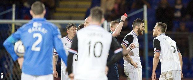Inverness midfielder Ross Draper is sent off against St Johnstone
