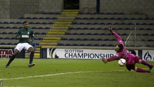 Dominique Malonga scores for Hibernian against Raith Rovers