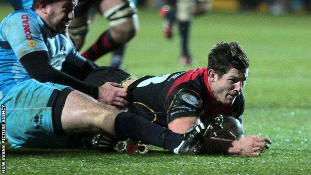 Ross Wardle crashes over for the Newport Gwent Dragons' opening try against Zebre