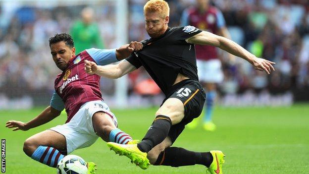 Hull City's Paul McShane tackles Kieran Richardson of Aston Villa