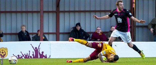 Partick Thistle's Stuart Bannigan brings down Lionel Ainsworth of Motherwell