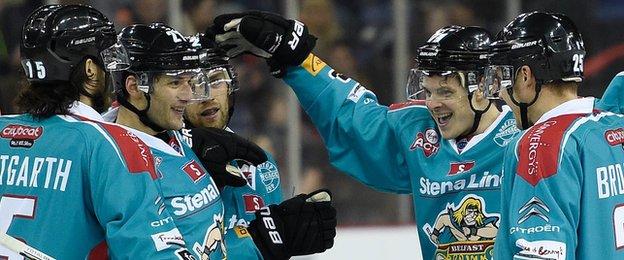 Belfast Giants celebrate after Craig Peacock puts the hosts ahead against Braehead