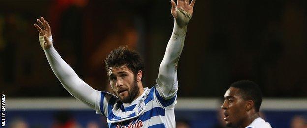 Charlie Austin of QPR celebrates his third goal during the Barclays Premier League match between Queens Park Rangers and West Bromwich Albion at Loftus Road on December 20th