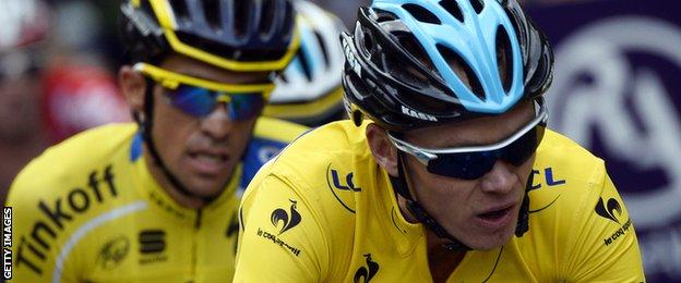 British cyclist Christopher Froome and Spanish cyclist Alberto Contador compete during the seventh stage of the 66th edition of the Dauphine Criterium cycling race.