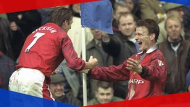 David Beckham and Teddy Sheringham celebrate a goal in the FA Cup third-round