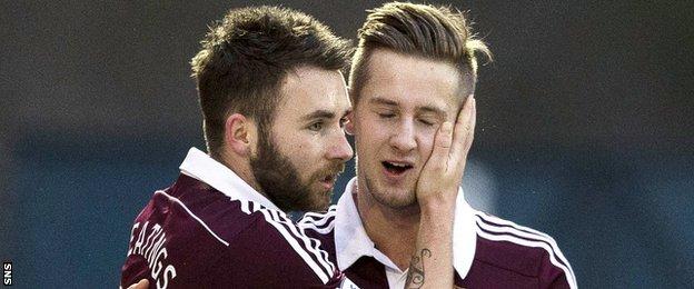 Hearts players James Keatings and Billy King