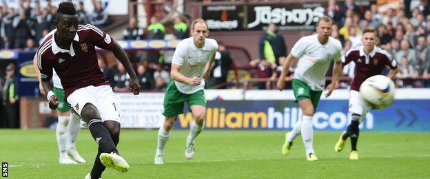 Prince Buaben scores a penalty for Hearts against Hibernian
