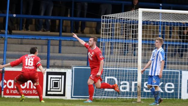 Portadown forward Mark McAllister celebrates after scoring the only goal of the game against Coleraine
