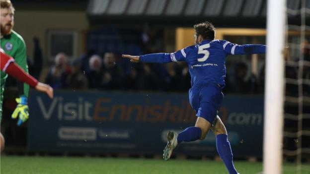 It's celebration time for Ballinamallard defender Mark Stafford after he scores the opener in the 1-1 draw with the Reds