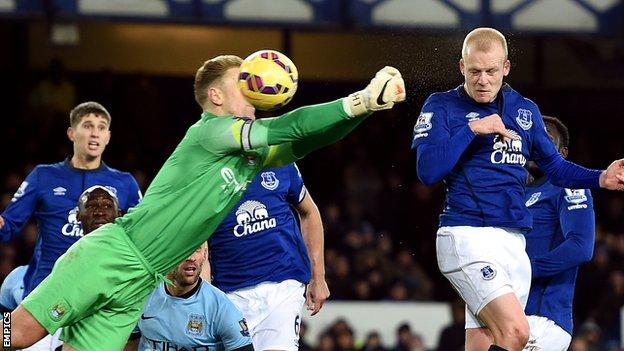Everton forward Steven Naismith (right) heads in his side's equaliser against Manchester City