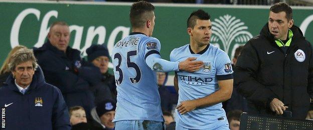 Manchester City striker Sergio Aguero (second right) makes his comeback to action after being out since 6 December last year