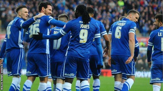 Cardiff celebrate Sean Morrison's goal against Fulham