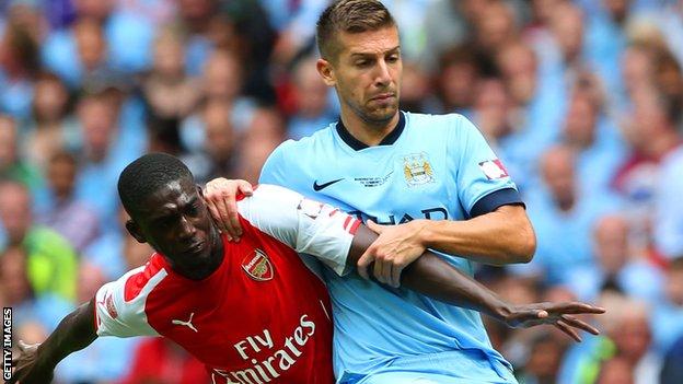 Matija Nastasic in action for Man City against Arsenal in the Community Shield in August 2014