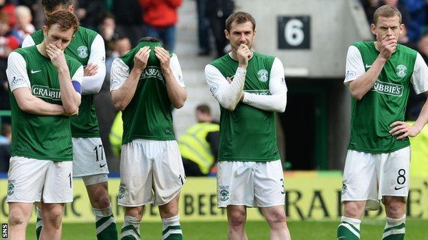 Hibs players in despair after suffering relegation