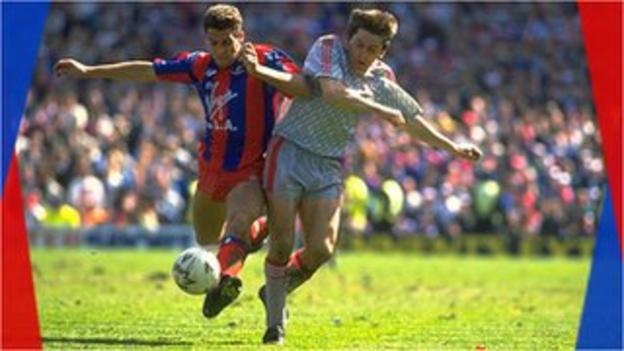 John Pemberton and Peter Beardsley challenge for the ball in the FA Cup semi-final