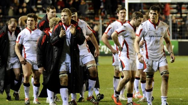 Disappointed Ulster players salute their travelling support after going down 60-22 to Toulon in their European Champions Cup pool match