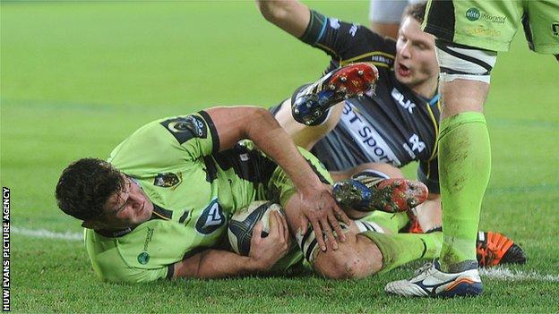 Calum Clark scored for Northampton from a charged down kick