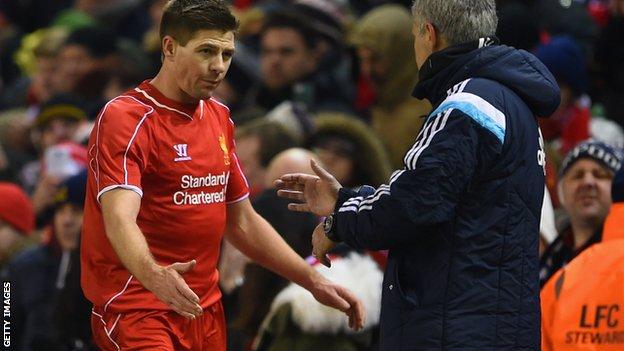 Liverpool midfielder Steven Gerrard and Chelsea manager Jose Mourinho