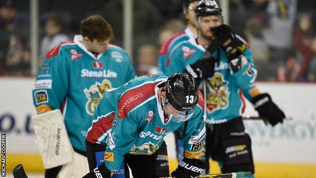 Belfast Giants's players show their disappointment after Friday's defeat