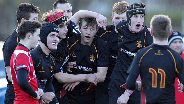 Foyle & Londonderry celebrate Robbie House's try but Regent House go on to win 22-10