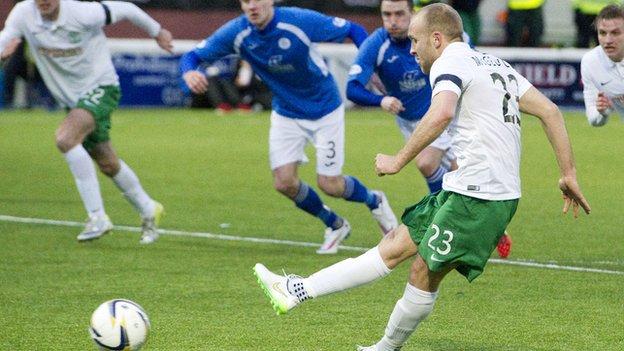 Dylan McGeouch scores for Hibernian against Queen of the South
