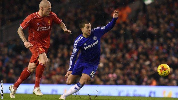 Liverpool's Martin Skrtel and Chelsea's Eden Hazard