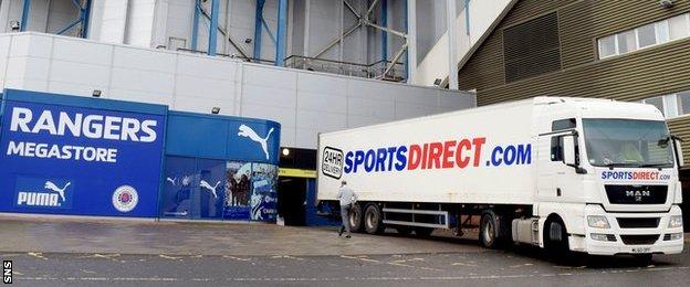 One of Rangers' retail outlets and a Sports Direct lorry