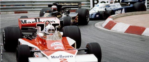 Jochen Mass's McLaren leads Mario Andretti's Lotus and Patrick Depailler's Tyrrell at the 1978 Monaco GP