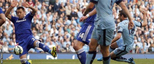 Man City midfielder Frank Lampard scores against his former club Chelsea