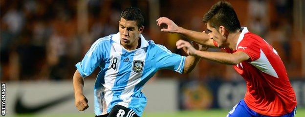 Velez Sarsfield midfielder Lucas Romero in action for Argentina under-20