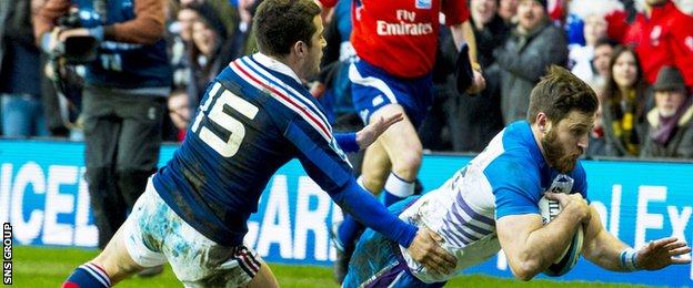 Tommy Seymour touches down for a try against France last year