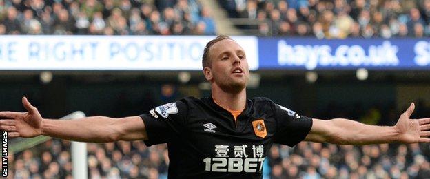 Hull midfielder David Meyler celebrates putting his side in front at Manchester City