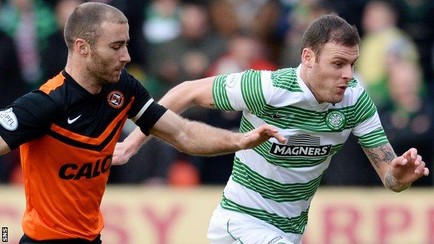 Dundee United's Sean Dillon and Celtic's Anthony Stokes