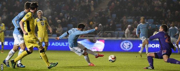 David Villa opens the scoring for New York City against St Mirren